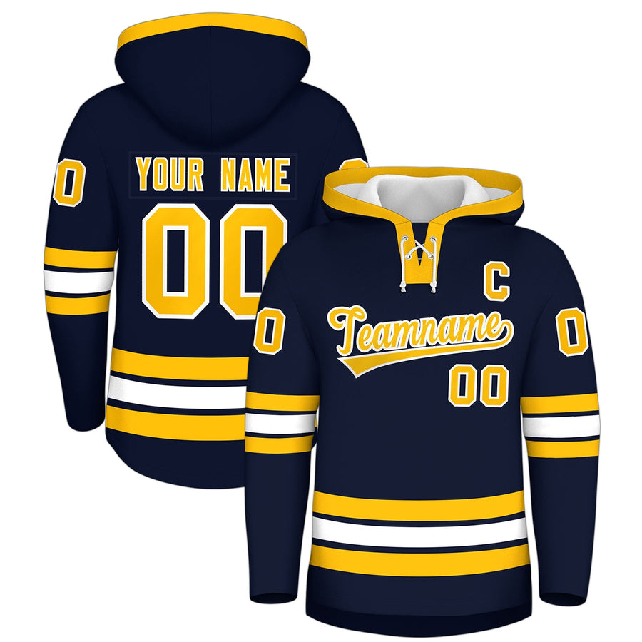 Custom Navy White Classic Style Wrinkle-Resistant Lace-Up Neck Hockey Hoodie | BuyFootballJersey