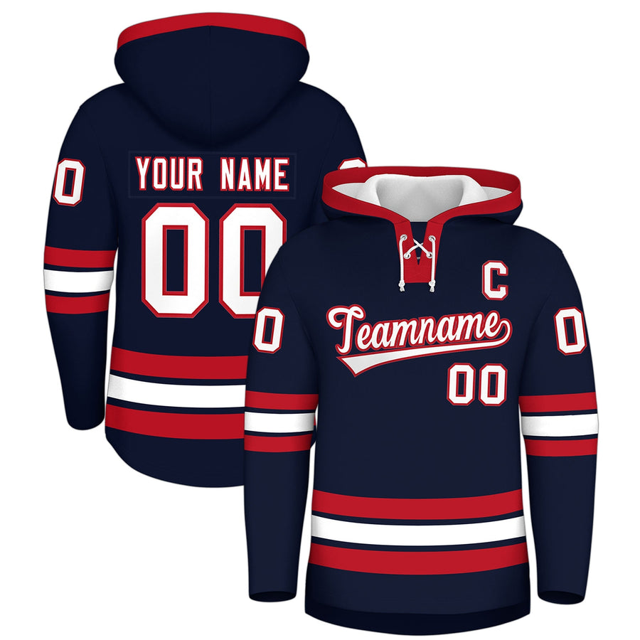 Custom Navy Red Classic Style Lace-Up Neck Hockey Hoodie | BuyFootballJersey