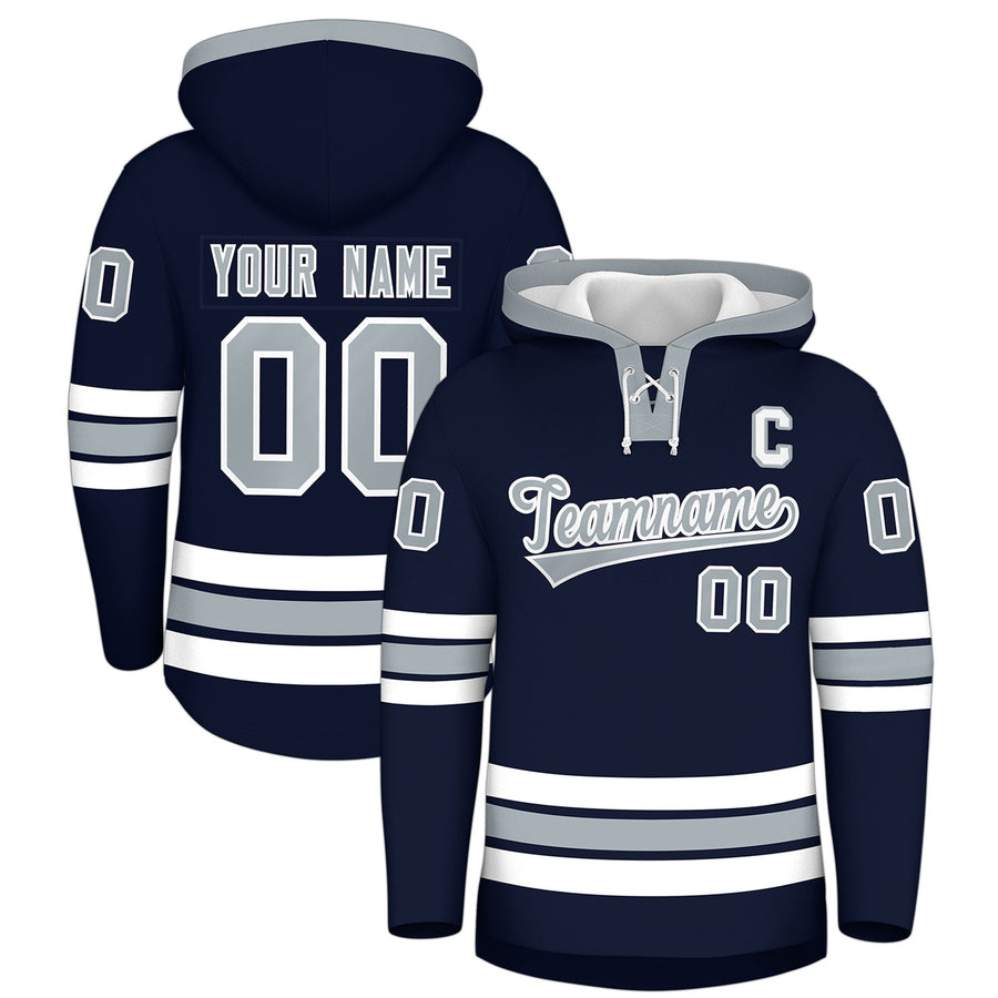 Custom Navy Silver Classic Style Wrinkle-Resistant Lace-Up Neck Hockey Hoodie | BuyFootballJersey