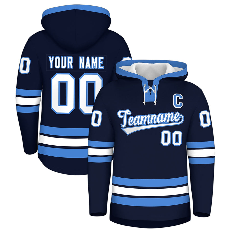 Custom Navy Powder Blue Classic Style Lace-Up Neck Hockey Hoodie | BuyFootballJersey