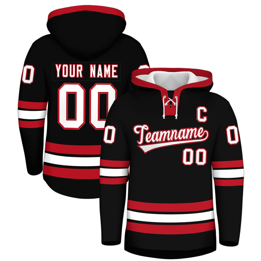 Custom Black Red Classic Style Wrinkle-Resistant Lace-Up Neck Hockey Hoodie | BuyFootballJersey