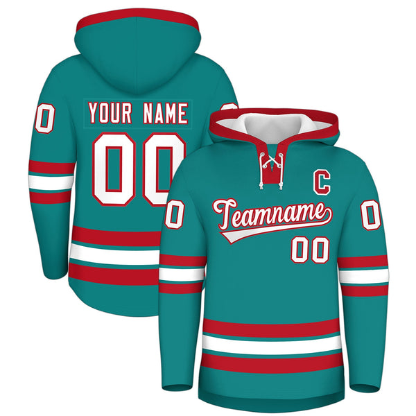 Custom Teal Red Classic Style Lace-Up Neck Hockey Hoodie | BuyFootballJersey