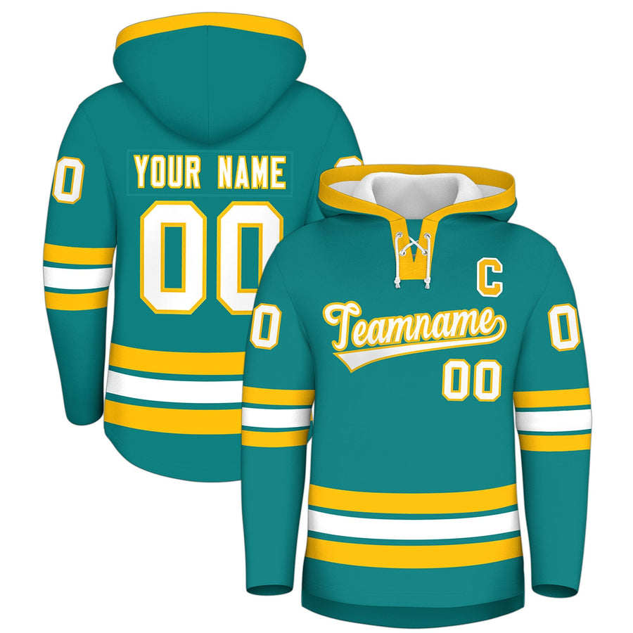 Custom Teal Gold Classic Style Wrinkle-Resistant Lace-Up Neck Hockey Hoodie | BuyFootballJersey
