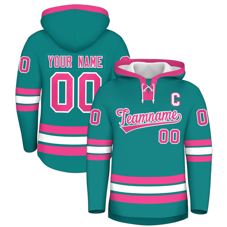 Custom Teal Pink Classic Style Lace-Up Neck Hockey Hoodie | BuyFootballJersey