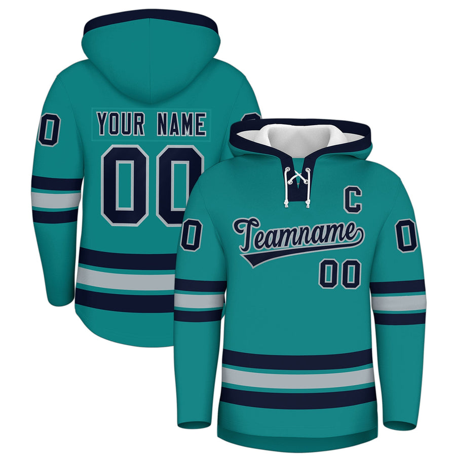 Custom Teal Navy Classic Style Wrinkle-Resistant Lace-Up Neck Hockey Hoodie | BuyFootballJersey