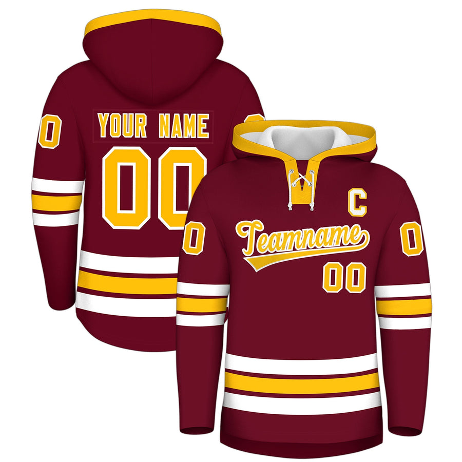 Custom Crimson Gold Classic Style Wrinkle-Resistant Lace-Up Neck Hockey Hoodie | BuyFootballJersey