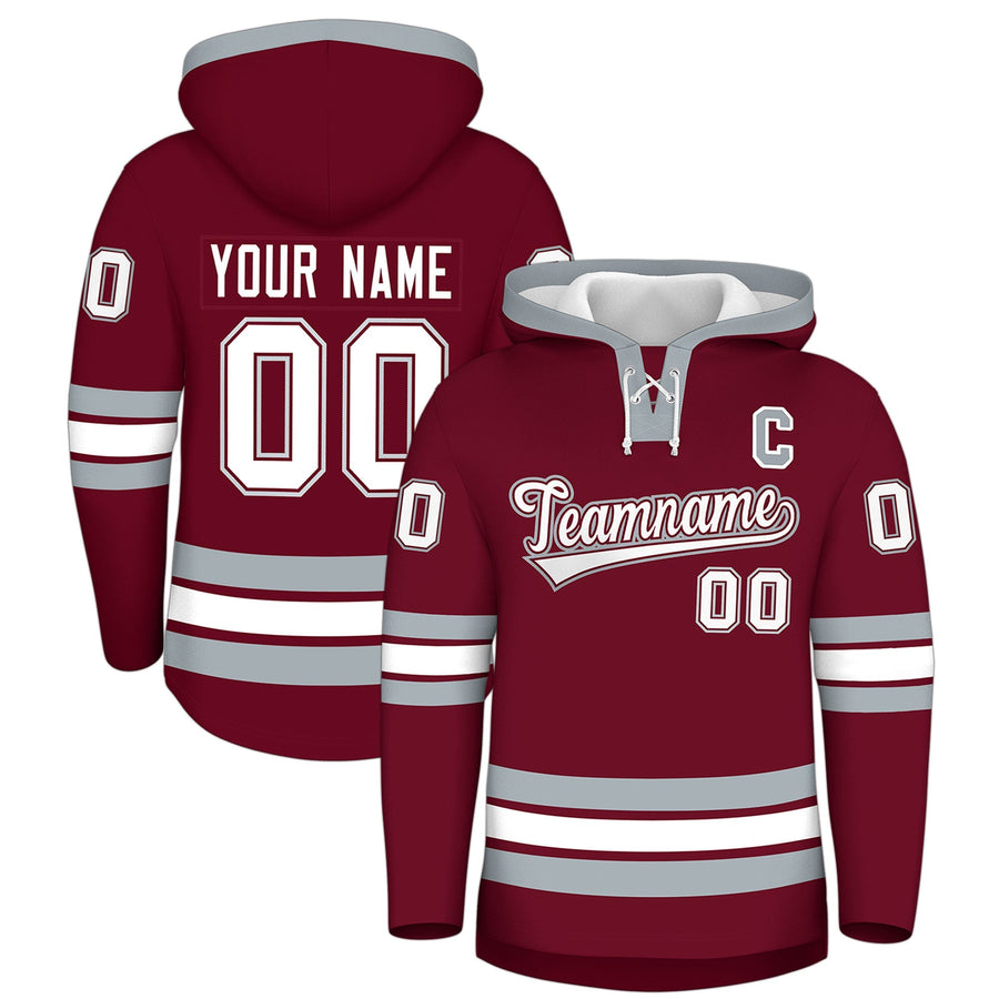 Custom Crimson Silver Classic Style Lace-Up Neck Hockey Hoodie | BuyFootballJersey