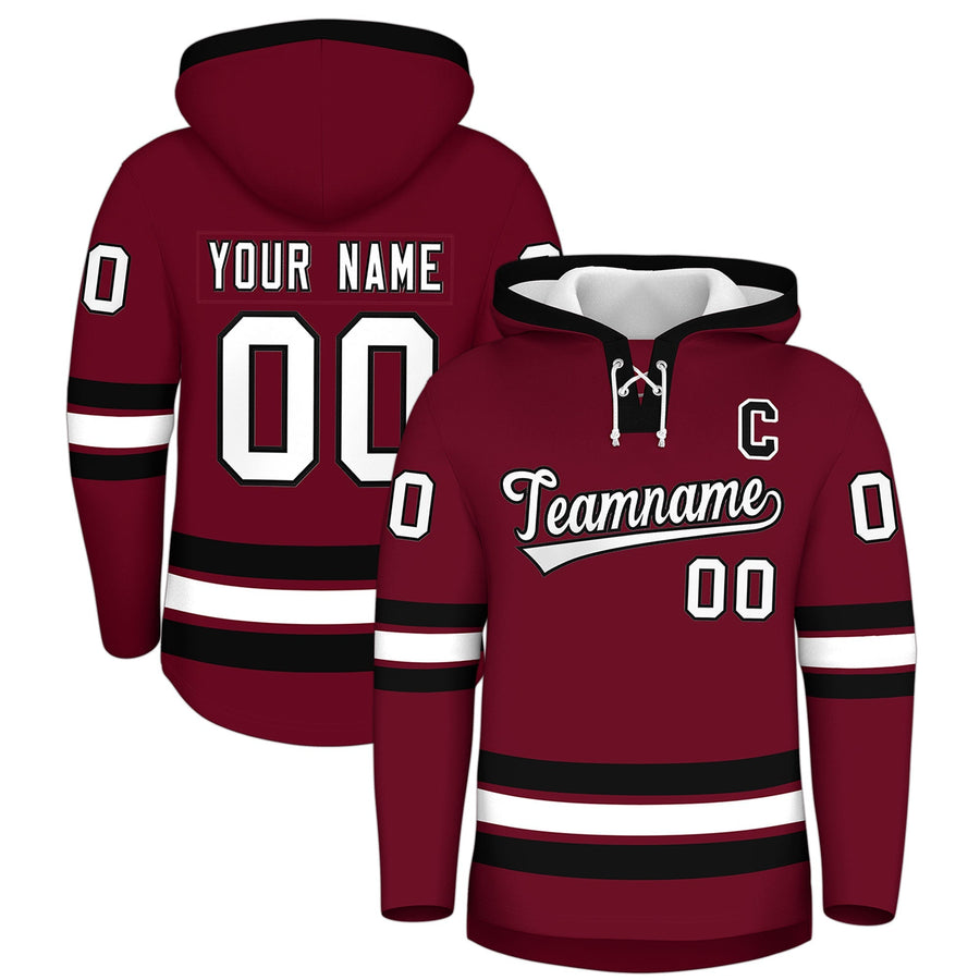 Custom Crimson Black Classic Style Wrinkle-Resistant Lace-Up Neck Hockey Hoodie | BuyFootballJersey