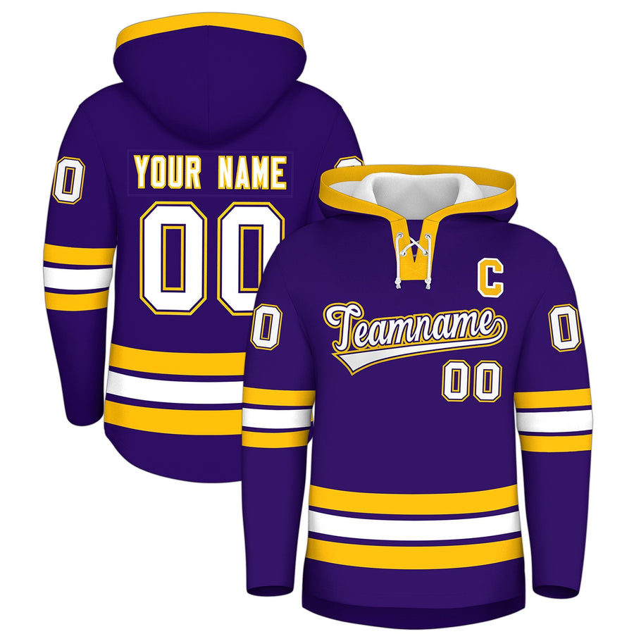 Custom Purple Gold Classic Style Lace-Up Neck Hockey Hoodie | BuyFootballJersey