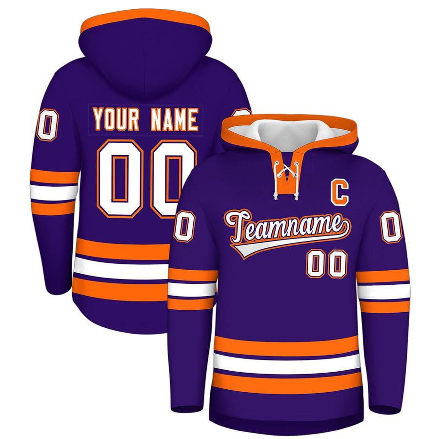 Custom Purple Orange Classic Style Wrinkle-Resistant Lace-Up Neck Hockey Hoodie | BuyFootballJersey