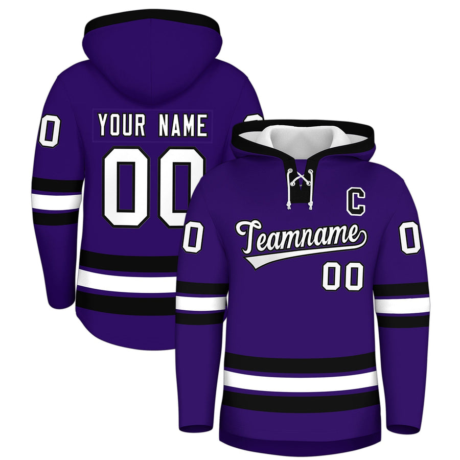 Custom Purple Black Classic Style Wrinkle-Resistant Lace-Up Neck Hockey Hoodie | BuyFootballJersey