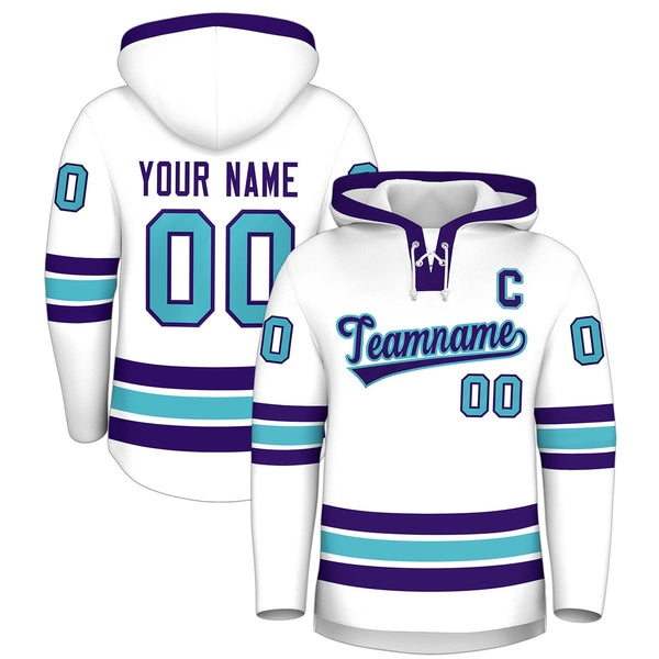 Custom White Purple Classic Style Lace-Up Neck Hockey Hoodie | BuyFootballJersey