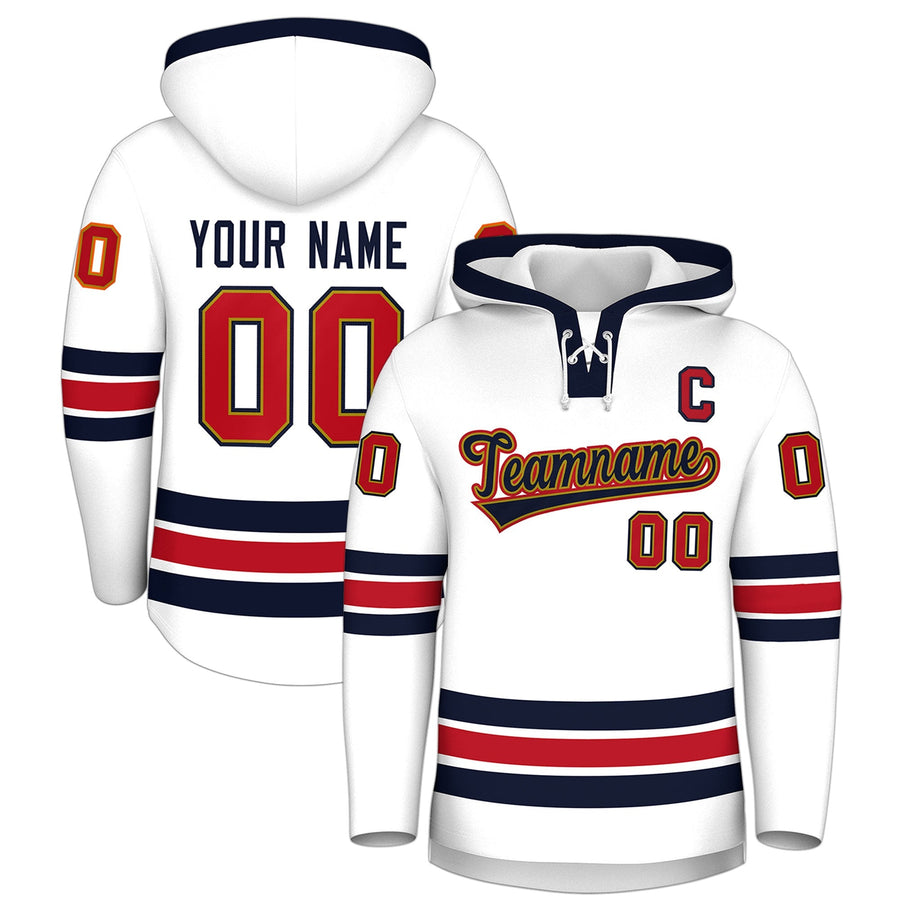 Custom White Navy Classic Style Wrinkle-Resistant Lace-Up Neck Hockey Hoodie | BuyFootballJersey