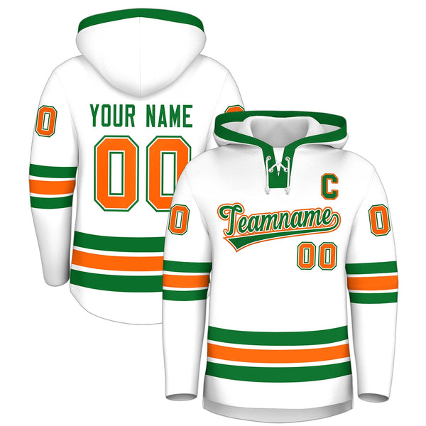 Custom White Kelly Green Classic Style Lace-Up Neck Hockey Hoodie | BuyFootballJersey
