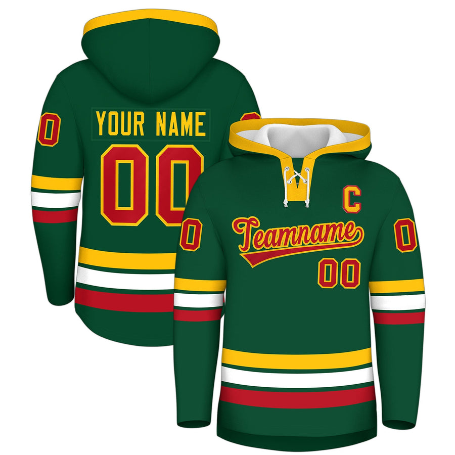 Custom Dark Green Gold Classic Style Wrinkle-Resistant Lace-Up Neck Hockey Hoodie | BuyFootballJersey