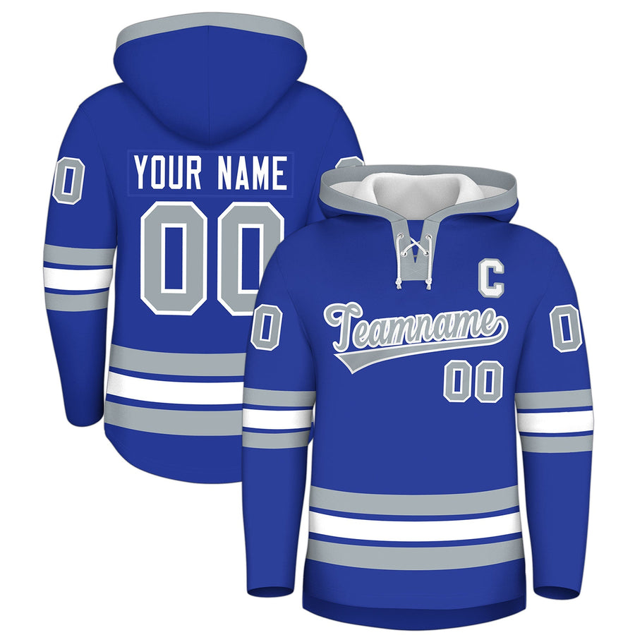 Custom Royal Blue Silver Classic Style Lace-Up Neck Hockey Hoodie | BuyFootballJersey
