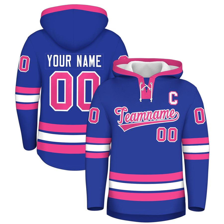Custom Royal Blue Pink Classic Style Wrinkle-Resistant Lace-Up Neck Hockey Hoodie | BuyFootballJersey