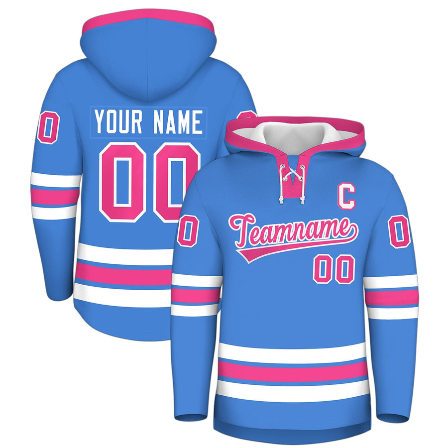 Custom Powder Blue Pink Classic Style Lace-Up Neck Hockey Hoodie | BuyFootballJersey