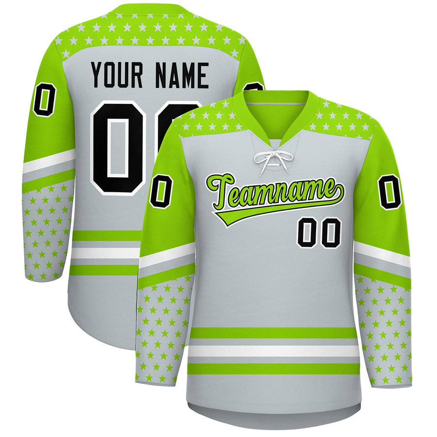 Custom Silver Neon Green White Star Series Personalization Lace-Up Neck Hockey Jersey | BuyFootballJersey