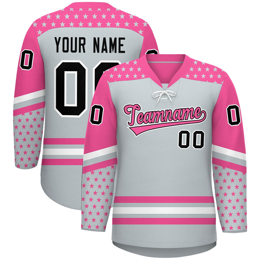 Custom Silver Pink White Star Series Personalization Lace-Up Neck Hockey Jersey | BuyFootballJersey