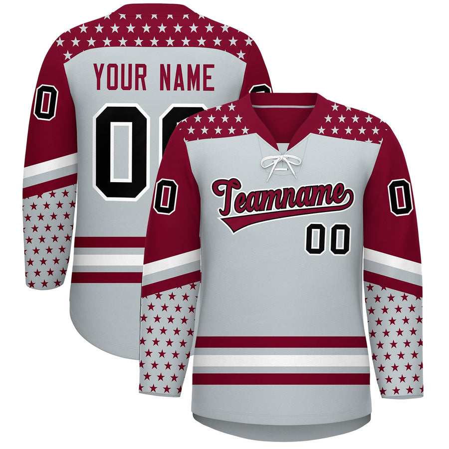 Custom Silver Crimson White Star Series Personalization Lace-Up Neck Hockey Jersey | BuyFootballJersey