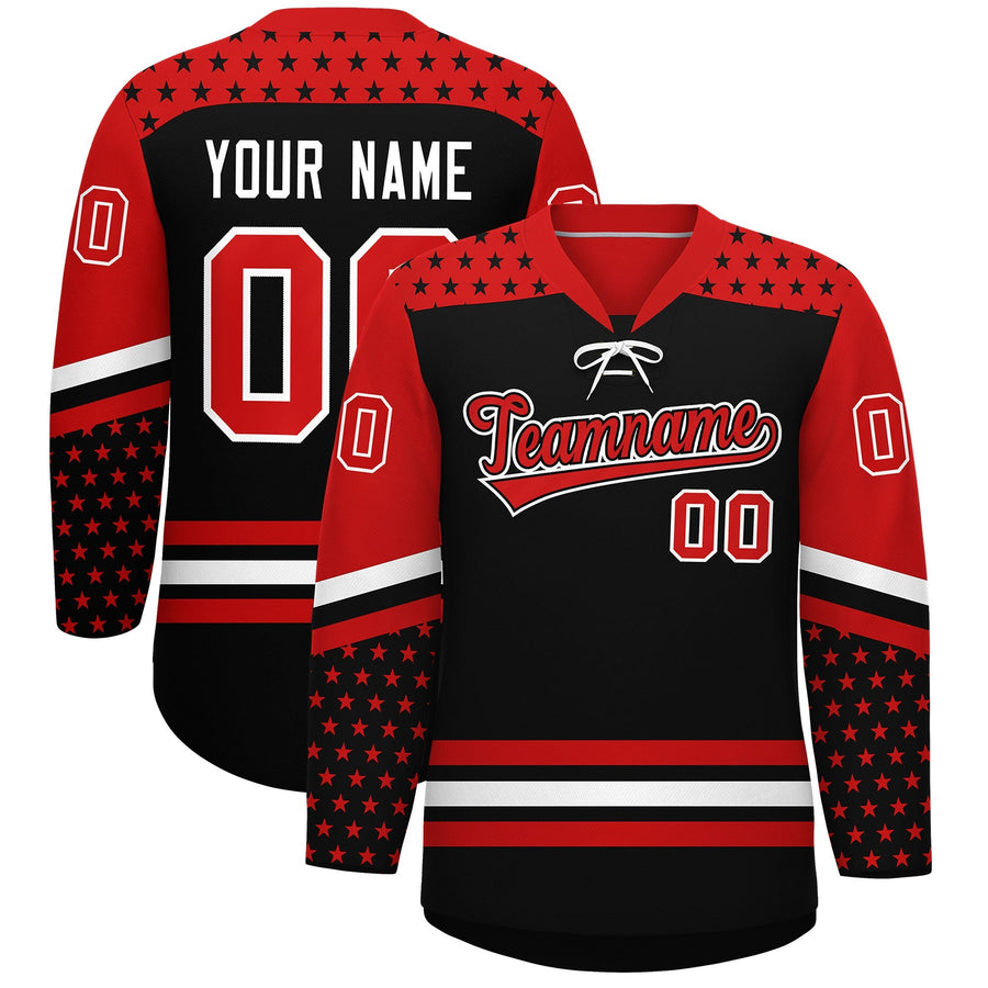 Custom Black Red White Star Series Personalization Lace-Up Neck Hockey Jersey | BuyFootballJersey