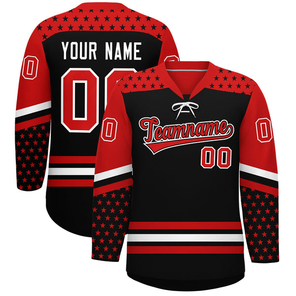 Custom Black Red White Star Series Personalization Lace-Up Neck Hockey Jersey | BuyFootballJersey