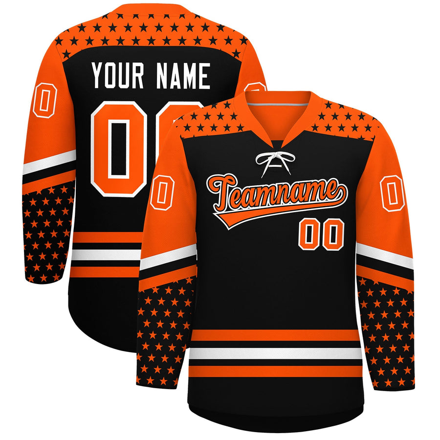 Custom Black Orange White Star Series Personalization Lace-Up Neck Hockey Jersey | BuyFootballJersey