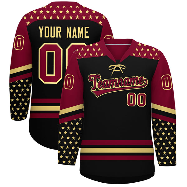 Custom Black Crimson Khaki Star Series Personalization Lace-Up Neck Hockey Jersey | BuyFootballJersey