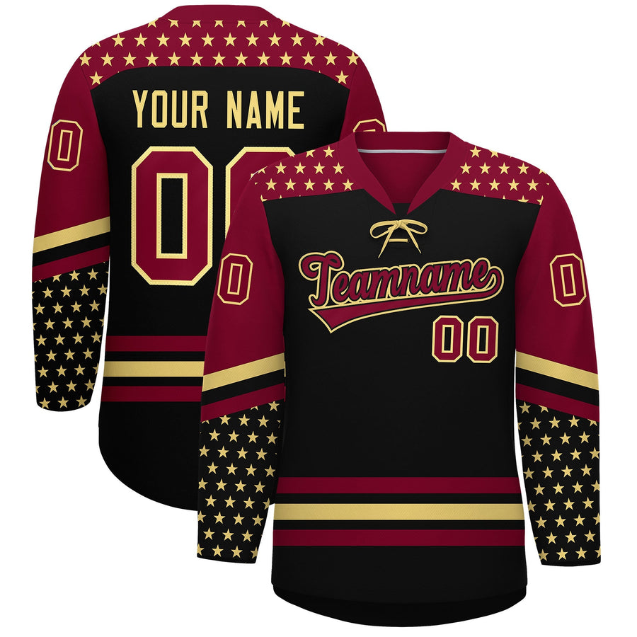 Custom Black Crimson Khaki Star Series Personalization Lace-Up Neck Hockey Jersey | BuyFootballJersey