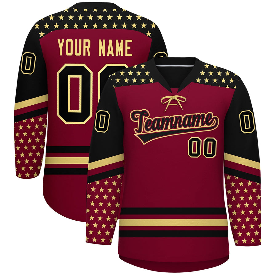 Custom Crimson Black Khaki Star Series Personalization Lace-Up Neck Hockey Jersey | BuyFootballJersey