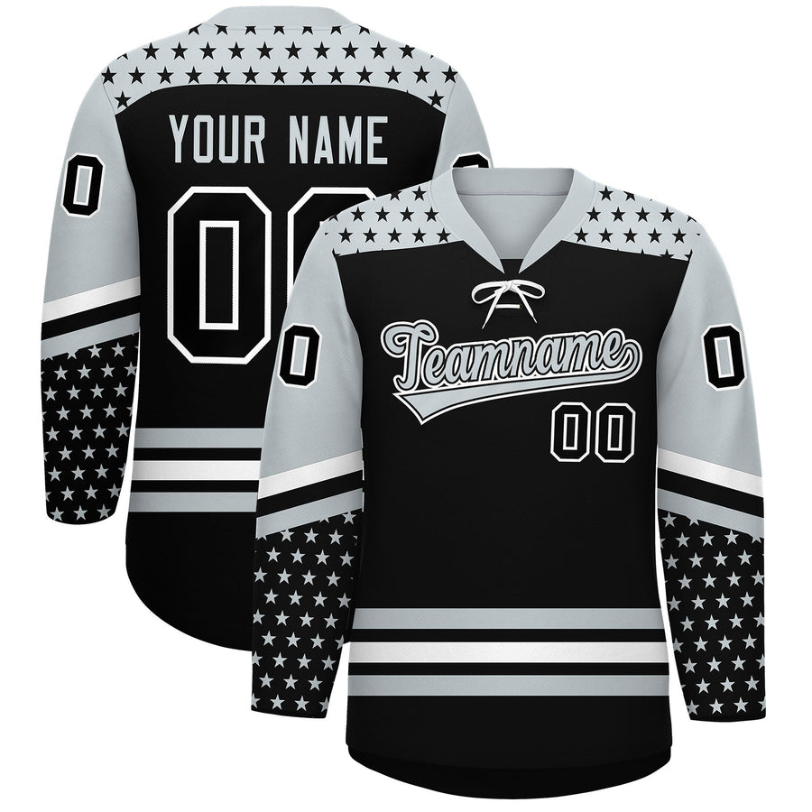 Custom Black Silver White Star Series Personalization Lace-Up Neck Hockey Jersey | BuyFootballJersey