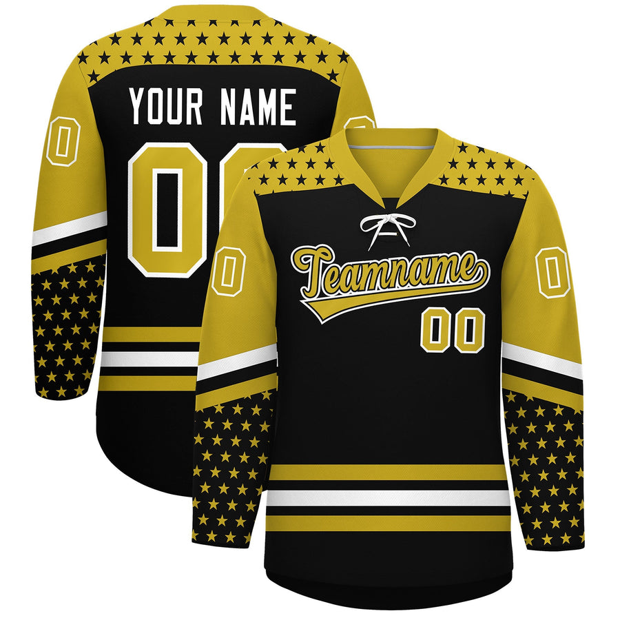 Custom Black Old Gold White Star Series Personalization Lace-Up Neck Hockey Jersey | BuyFootballJersey