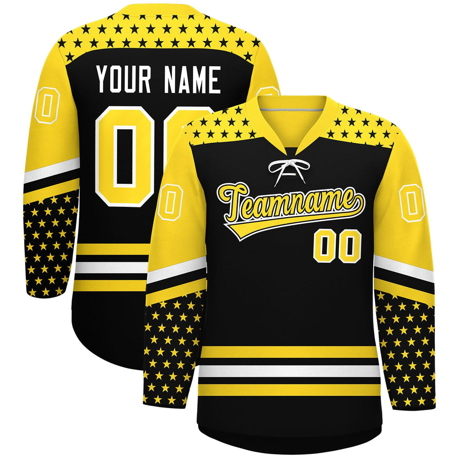 Custom Black Gold White Star Series Personalization Lace-Up Neck Hockey Jersey | BuyFootballJersey
