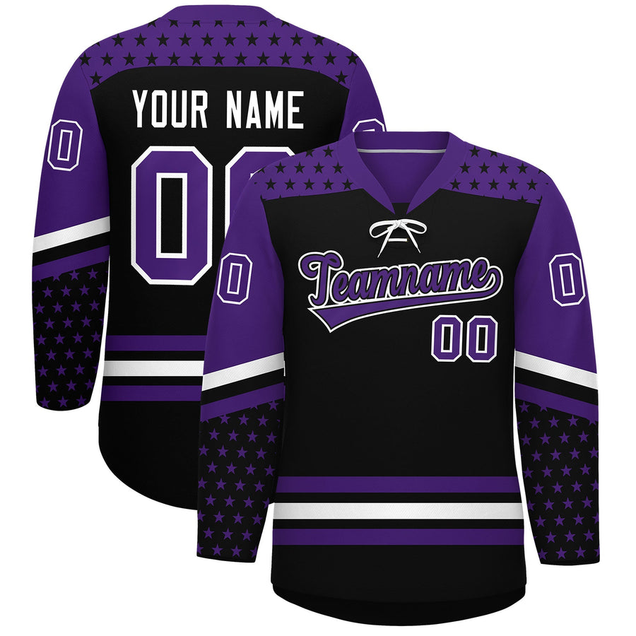 Custom Black Purple White Star Series Personalization Lace-Up Neck Hockey Jersey | BuyFootballJersey