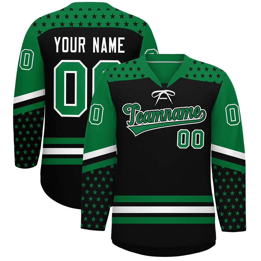 Custom Black Kelly Green White Star Series Personalization Lace-Up Neck Hockey Jersey | BuyFootballJersey