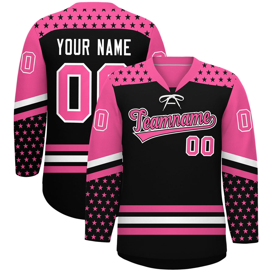 Custom Black Pink White Star Series Personalization Lace-Up Neck Hockey Jersey | BuyFootballJersey