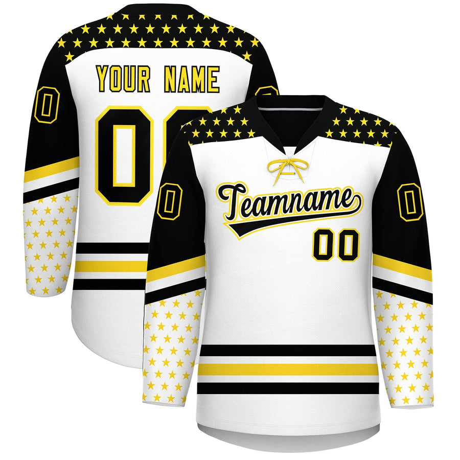 Custom White Black Gold Star Series Personalization Lace-Up Neck Hockey Jersey | BuyFootballJersey