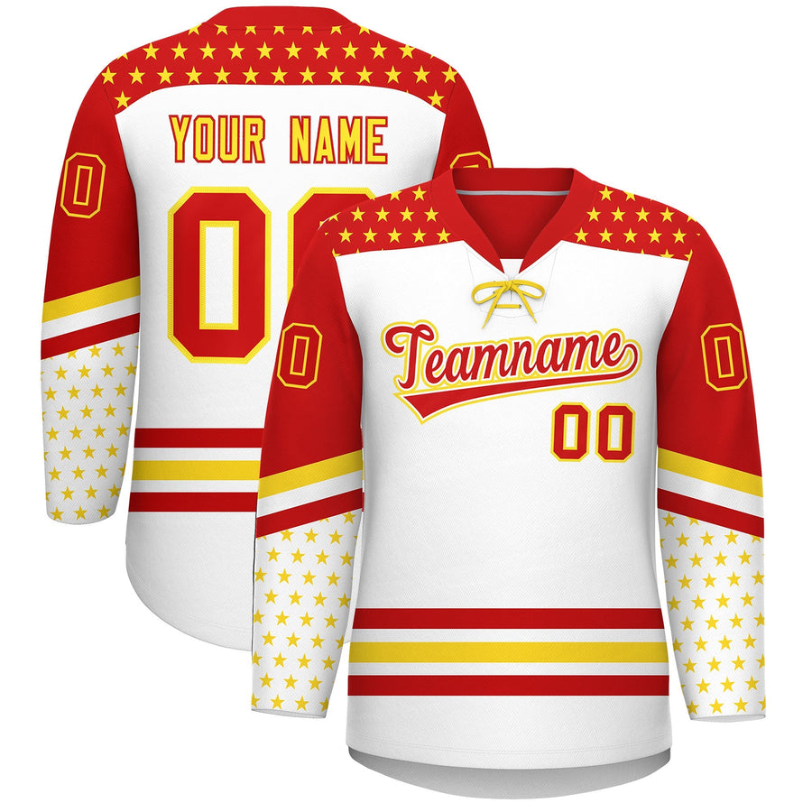 Custom White Red Gold Star Series Personalization Lace-Up Neck Hockey Jersey | BuyFootballJersey