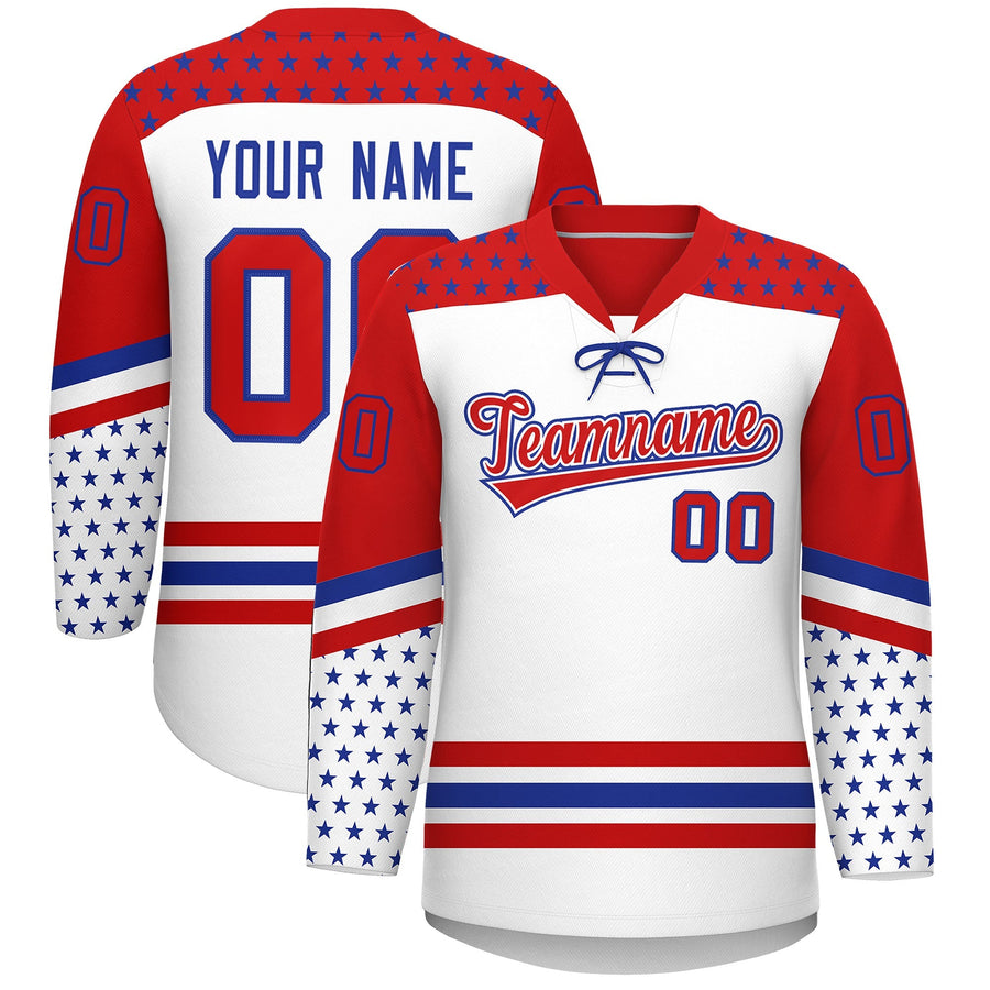 Custom White Red Royal Blue Star Series Personalization Lace-Up Neck Hockey Jersey | BuyFootballJersey