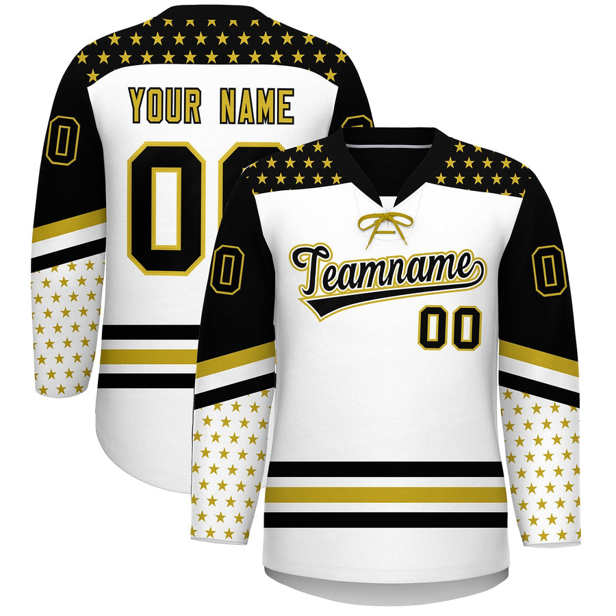 Custom White Black Old Gold Star Series Personalization Lace-Up Neck Hockey Jersey | BuyFootballJersey