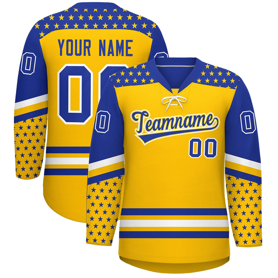 Custom Gold Royal Blue White Star Series Personalization Lace-Up Neck Hockey Jersey | BuyFootballJersey