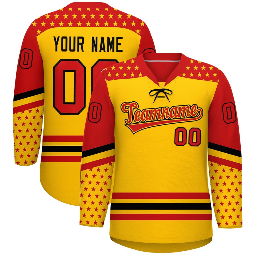 Custom Gold Red Black Star Series Personalization Lace-Up Neck Hockey Jersey | BuyFootballJersey