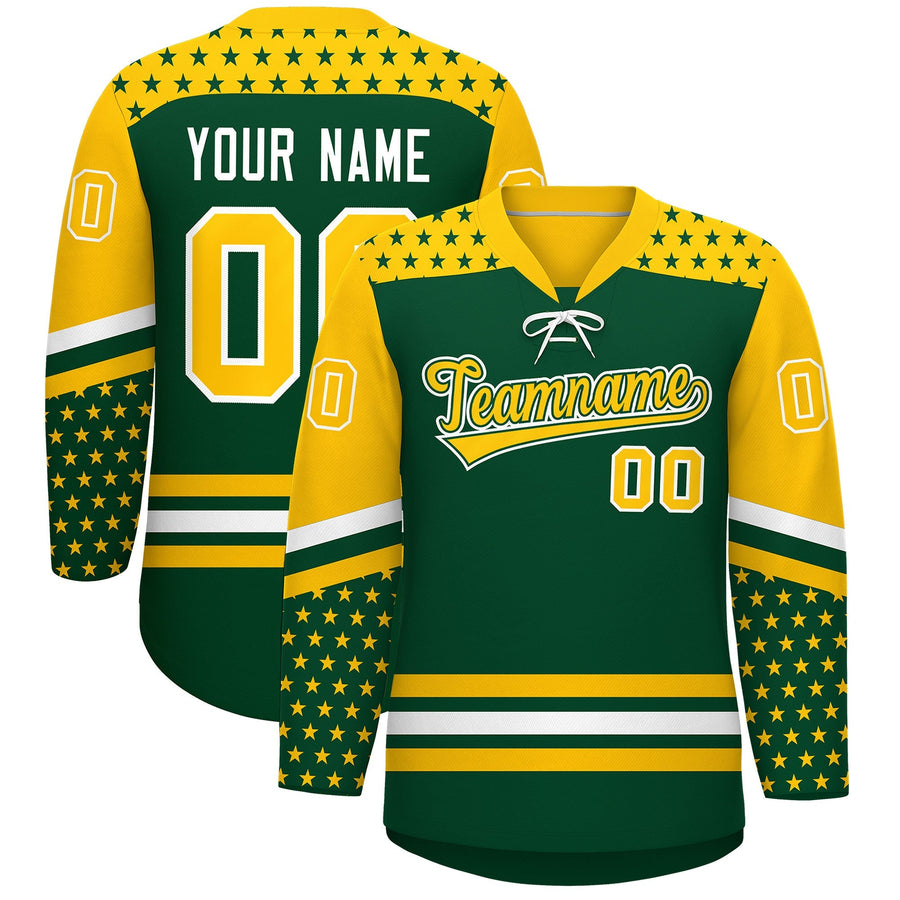 Custom Green Gold White Star Series Personalization Lace-Up Neck Hockey Jersey | BuyFootballJersey