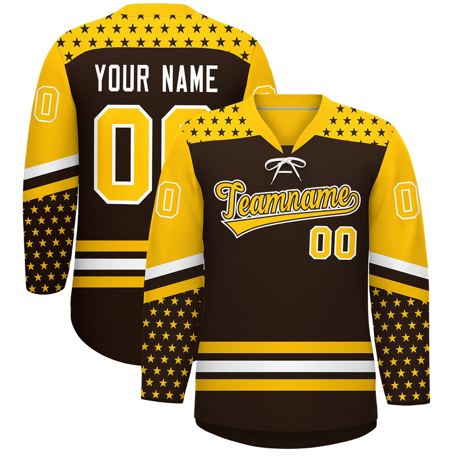 Custom Brown Gold White Star Series Personalization Lace-Up Neck Hockey Jersey | BuyFootballJersey