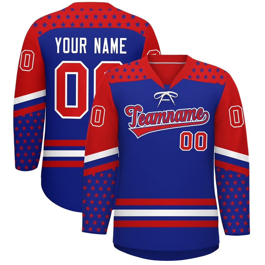 Custom Royal Blue Red White Star Series Personalization Lace-Up Neck Hockey Jersey | BuyFootballJersey