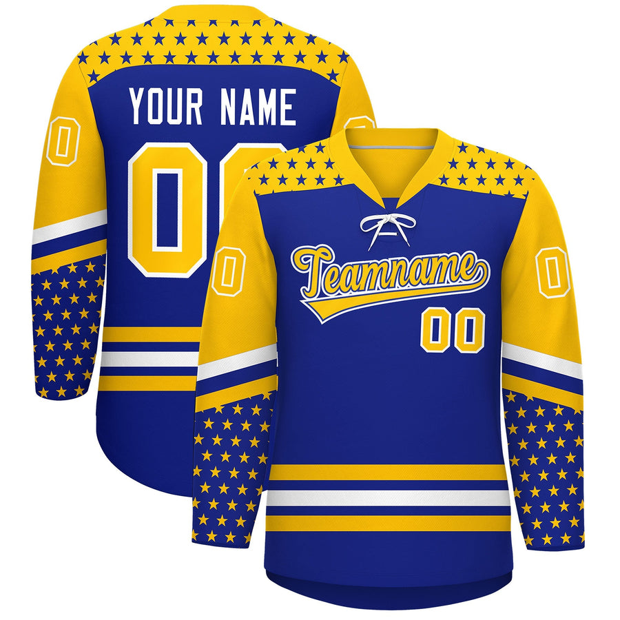 Custom Royal Blue Gold White Star Series Personalization Lace-Up Neck Hockey Jersey | BuyFootballJersey