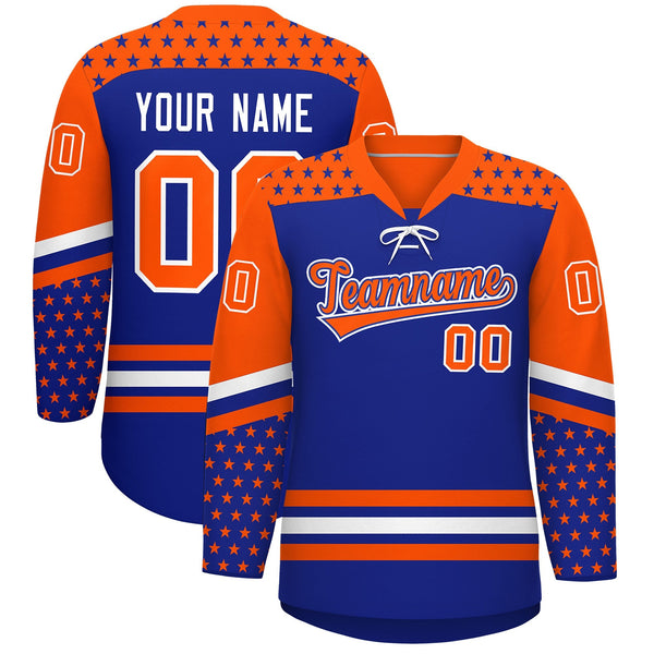 Custom Royal Blue Orange White Star Series Personalization Lace-Up Neck Hockey Jersey | BuyFootballJersey