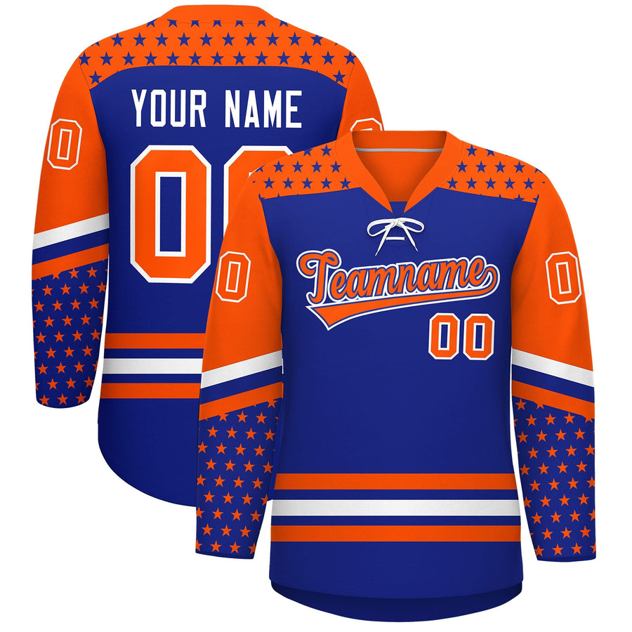 Custom Royal Blue Orange White Star Series Personalization Lace-Up Neck Hockey Jersey | BuyFootballJersey