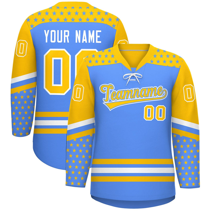 Custom Powder Blue Gold White Star Series Personalization Lace-Up Neck Hockey Jersey | BuyFootballJersey